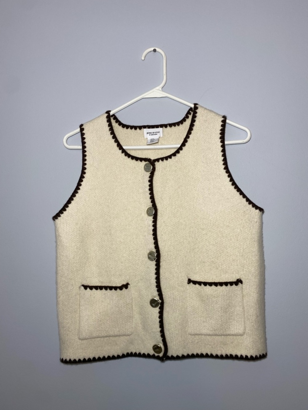 Song of Style Cream Knit Vest with Brown Trim